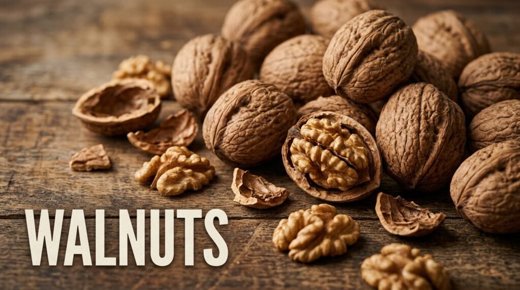 Walnuts arranged on wooden backg… 202605012025