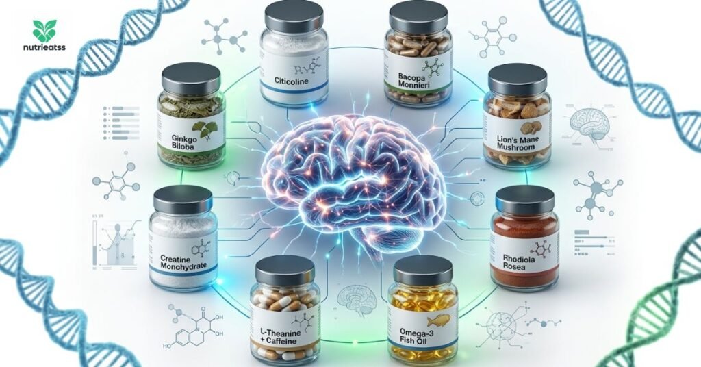 Illustration of the human brain surrounded by nootropic supplement capsules"