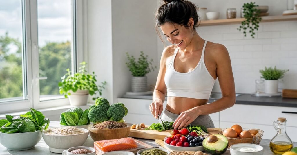 Healthy hormone-balancing foods for women with PCOS, including leafy greens, berries, salmon, oats, seeds, and avocado.