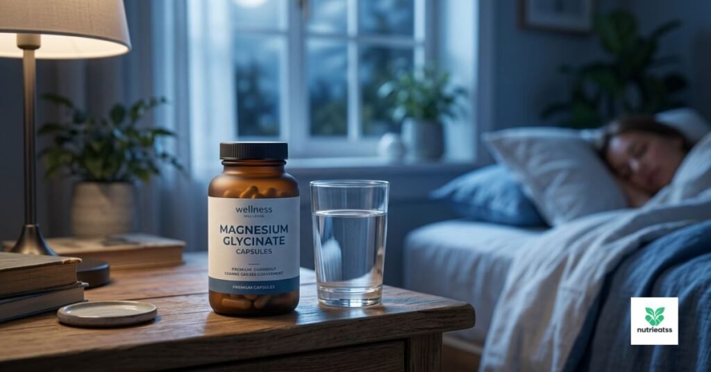 A premium bottle of magnesium glycinate capsules on a wooden bedside table beside a glass of water, soft bedroom lighting, moonlight through a window, calm sleeping atmosphere, blue and white color palette, ultra-realistic, photorealistic, medical wellness style,