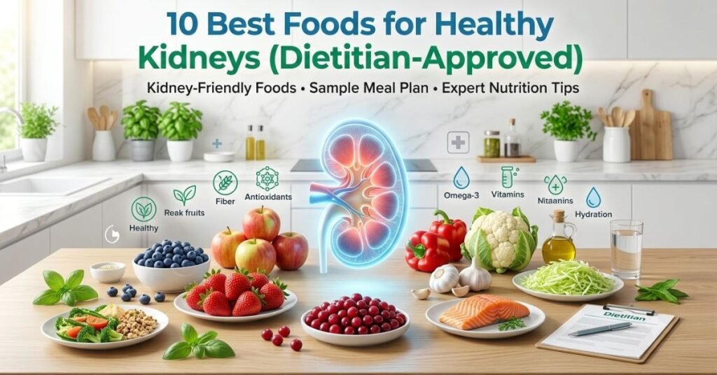 Dietitian-approved kidney-friendly foods including berries, apples, salmon, cauliflower, garlic, cabbage, olive oil, cranberries, and red bell peppers arranged around a healthy kidney illustration.
