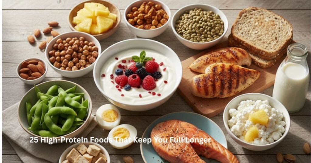 Assortment of high-protein foods including eggs, Greek yogurt, chicken breast, salmon, lentils, and almonds arranged on a table