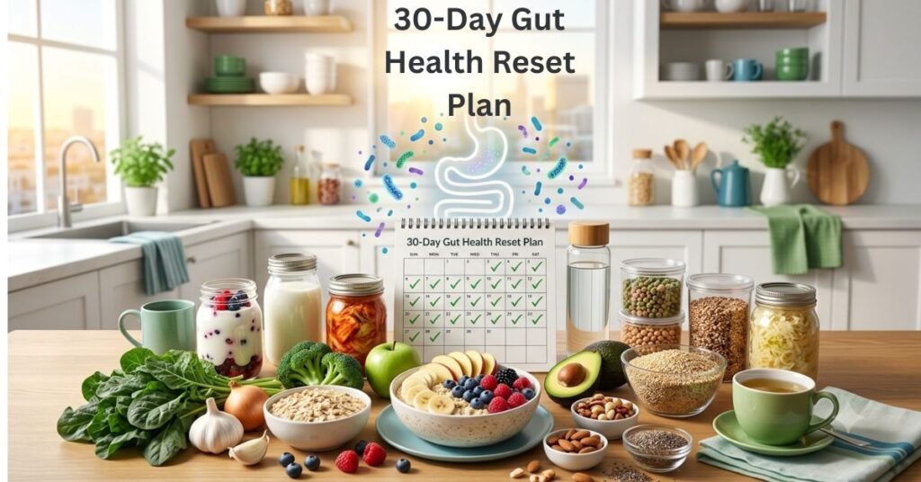 30-day gut health reset plan featuring probiotic foods, fiber-rich meals, healthy digestion, microbiome support, and a monthly meal planner.