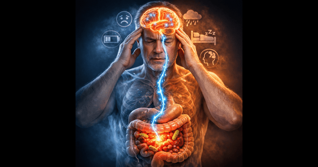 Illustration of the gut-brain axis showing the vagus nerve connecting the digestive system