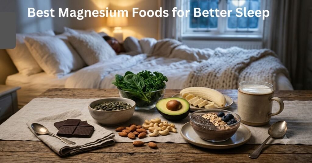 Best magnesium-rich foods for better sleep including pumpkin seeds, almonds, spinach, chia seeds, oats, banana, avocado, yogurt, and dark chocolate arranged on a healthy bedtime table.