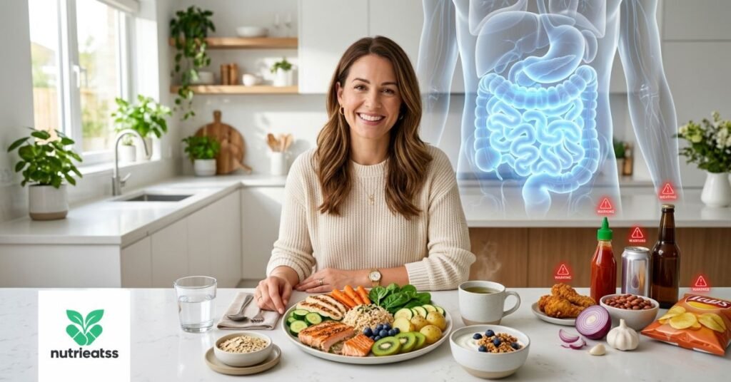 Healthy IBS diet featuring low-FODMAP foods and common trigger foods to avoid for better digestive health.