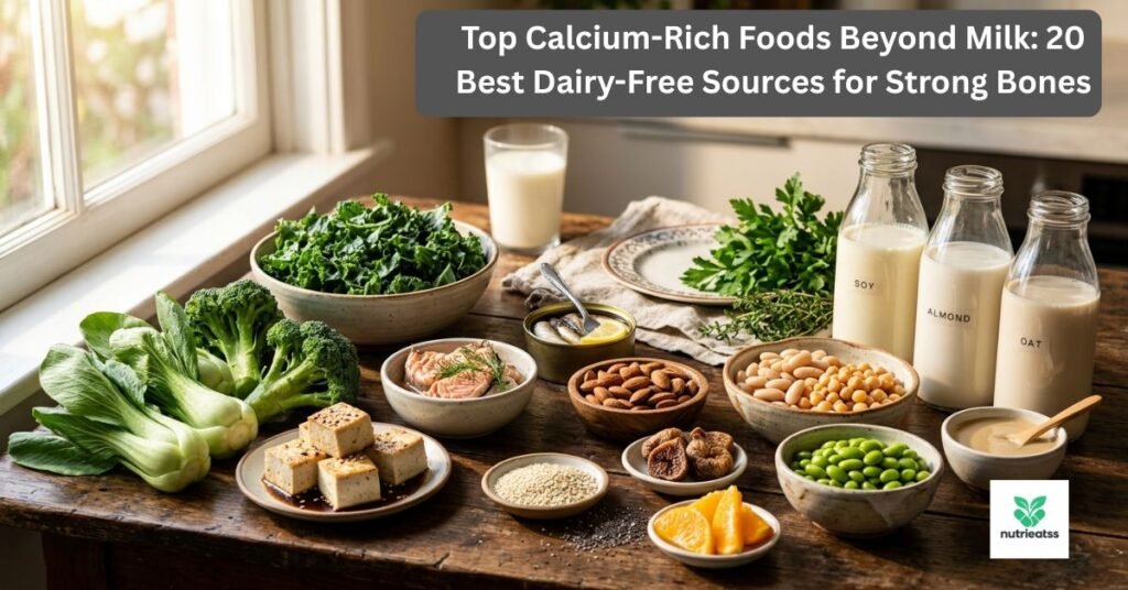 Top calcium-rich foods beyond milk including tofu, leafy greens, almonds, chia seeds, beans, sardines, salmon, fortified plant milk, broccoli, and dried figs for healthy bones.