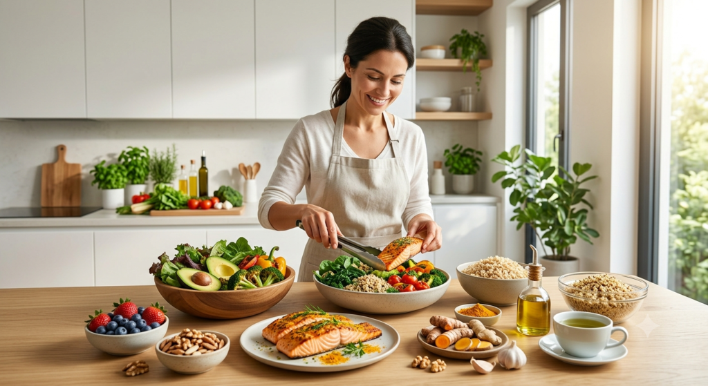 Healthy anti-inflammatory meal featuring salmon, berries, leafy greens, olive oil, quinoa, avocado, and colorful vegetables for beginners.