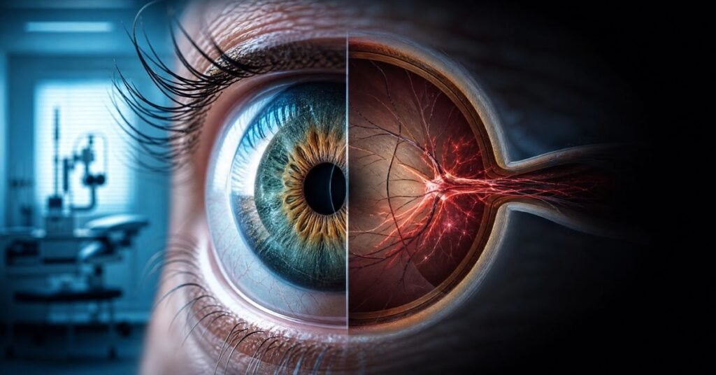 Medical illustration showing glaucoma-related optic nerve damage and gradual peripheral vision loss with comparison between healthy vision and glaucoma-affected vision.