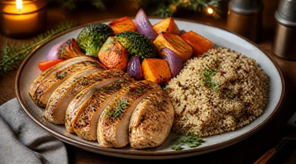 gpt image 2 A finished styled high protein dinner plate with lean poultry roasted vegetables 0