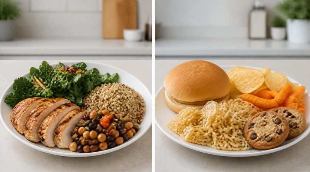 gpt image 2 Split image comparison showing a protein and fiber forward plate chicken greens 0