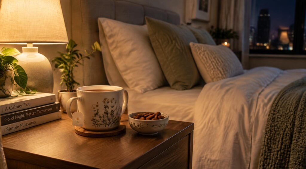gpt image 2.5 sunburst A cozy tidy bedroom at night with a cup of chamomile tea and a small bowl of alm 0