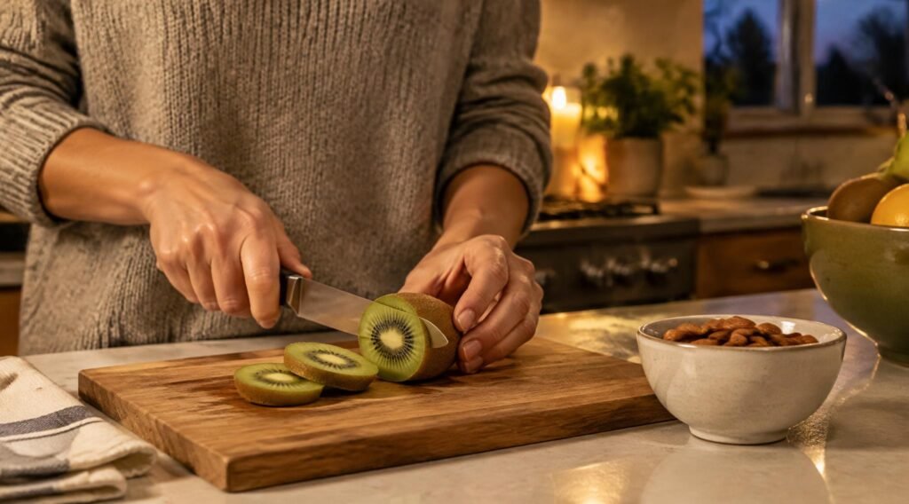 gpt image 2.5 sunburst A person slicing a kiwi next to a small bowl of almonds in a quiet evening kitch 0