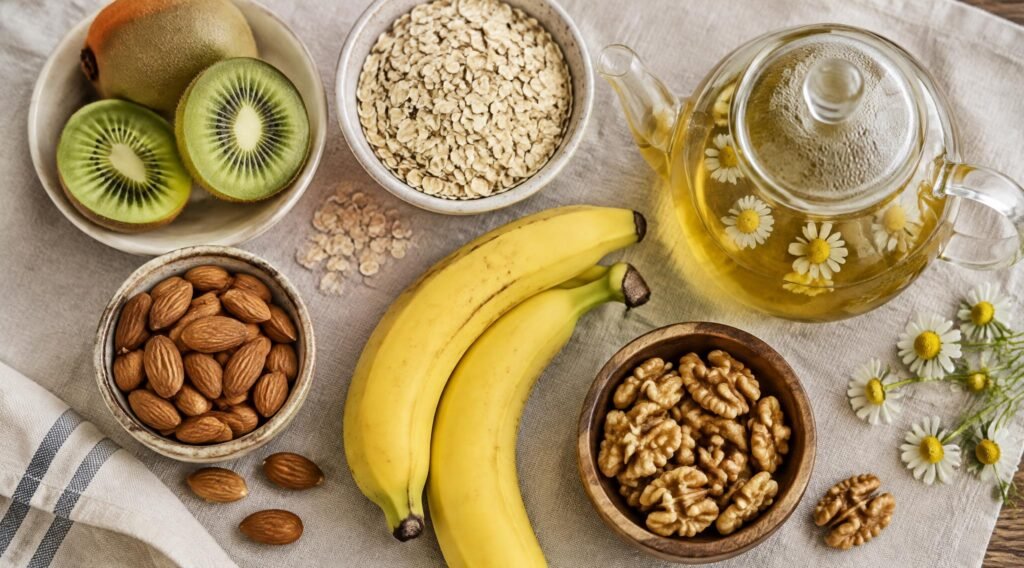 gpt image 2.5 sunburst Overhead flat lay of kiwi almonds rolled oats bananas walnuts and a glass teapot 0