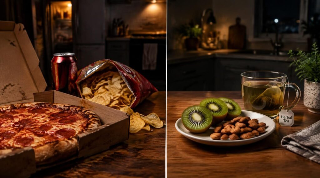 gpt image 2.5 sunburst Split image with greasy late night snacks pizza chips soda on the left and a cal 0