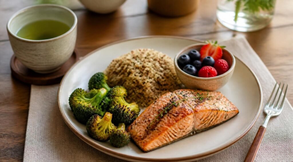 gpt image 2 A finished balanced meal of grilled salmon roasted broccoli quinoa and a small b 0