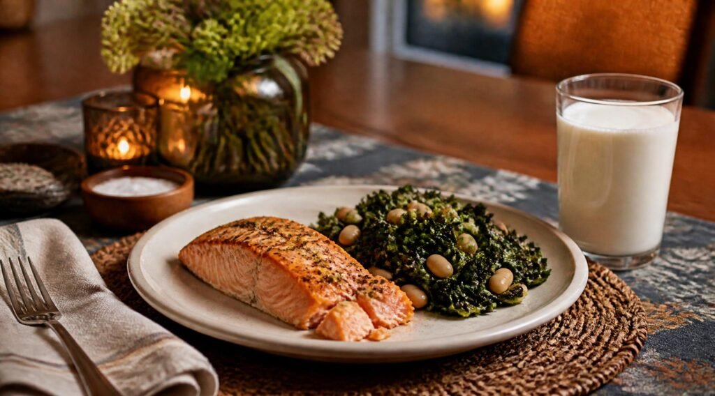 gpt image 2 A finished dinner plate of baked salmon with sauteed collard greens and white b 0