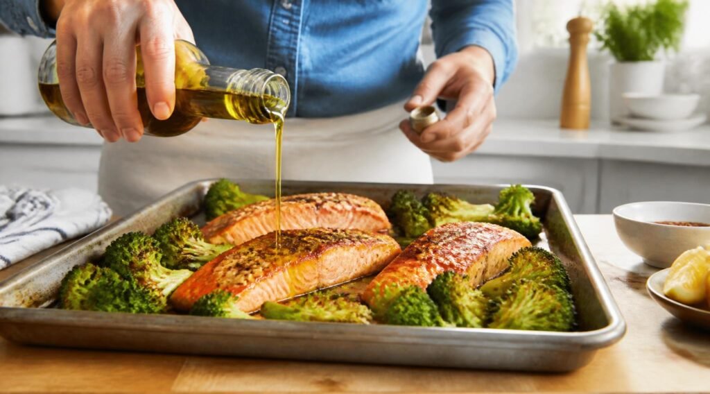 gpt image 2 A pair of hands drizzling olive oil over a tray of roasted broccoli and salmon f 0
