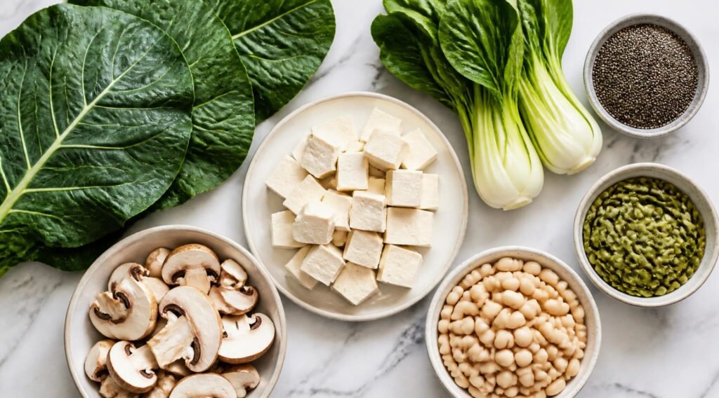 gpt image 2 Overhead flat lay of calcium set tofu collard greens bok choy chia seeds pumpkin 0