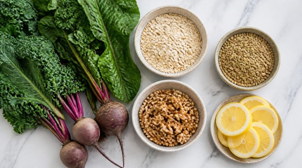 gpt image 2 Overhead flat lay of leafy greens whole beets rolled oats dry lentils walnuts an 0