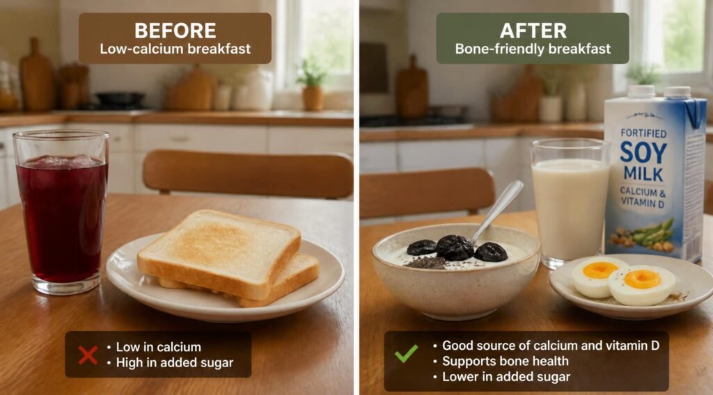 gpt image 2 Split image comparison showing a low calcium breakfast of white toast and a suga 0